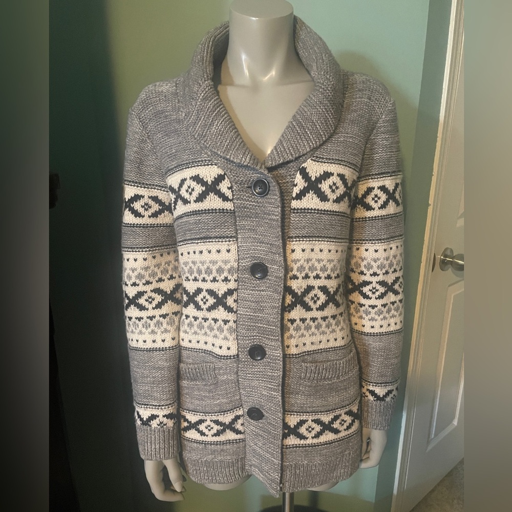 Wool Blend Gray Patterned Women's Sweater- Ladies Large